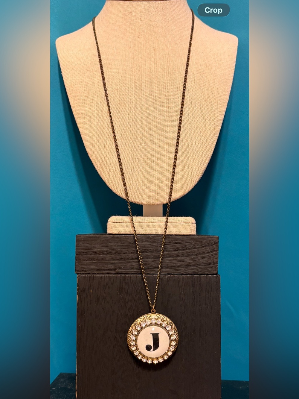 lenora Dame 31 inch necklace monogrammed J rhinestone locket 2 inch round